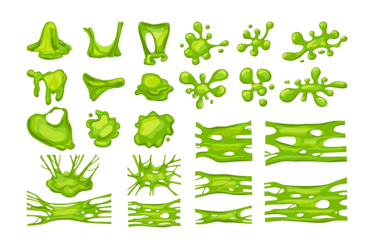 grünes Schleim-Set. Sammlung von Flecken, Spritzern und Flecken. Vektor-Cartoon-Illustration von Flüssigkeit. vektor