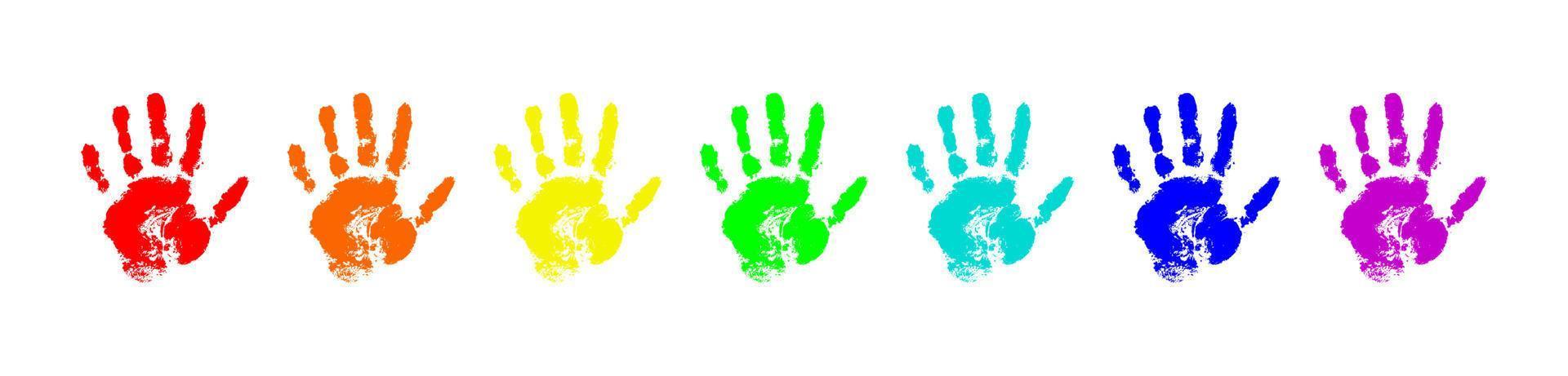 regnbågshandtryck isolerad på vit bakgrund. färg barn handavtryck. mångfärgade mänskliga fingrar. vektor handritade illustration