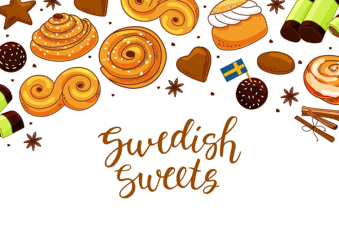 traditionella svenska sötsaker bakgrund med kalligrafi. kanelbullebulle, kanelbulle, pepparkakor, semla, lussekatt, dammsugare och chokladboll. tecknad vektorillustration vektor