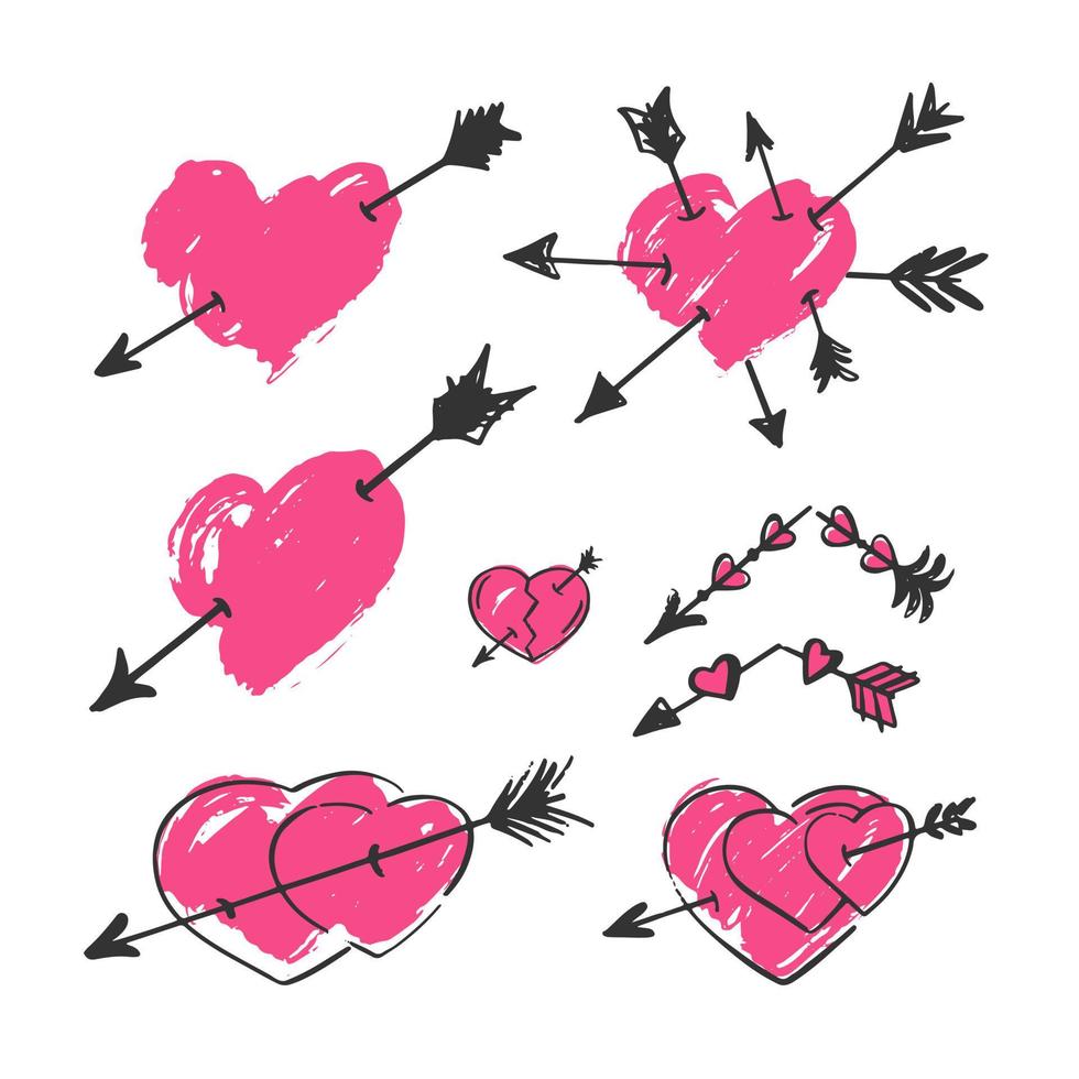 uppsättning hand hjärtan med pilar på en vit bakgrund. bruten pil. alla hjärtans dag, bröllopsinredning. vektor illustration.