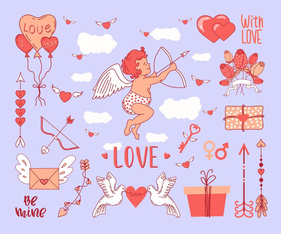 Valentinstag eingestellt. Amor und die Elemente der Liebe. Vektor-Illustration. vektor