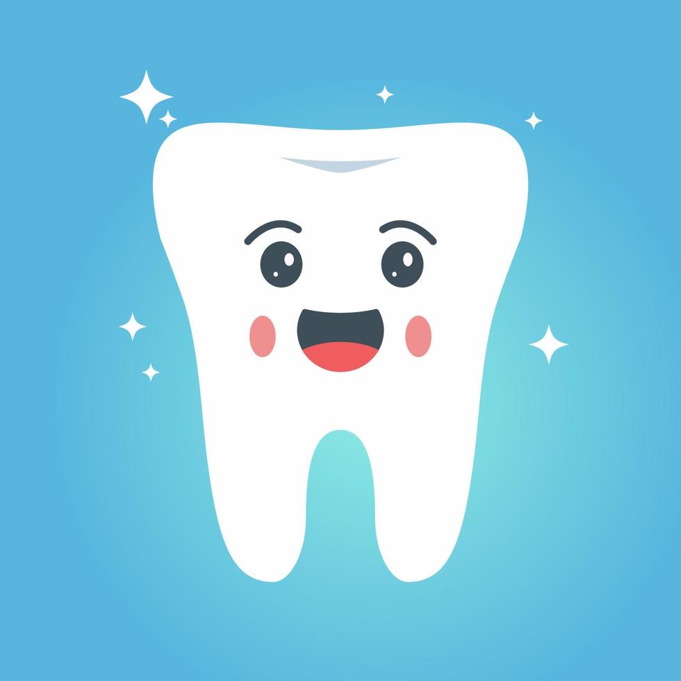 süßes lächelndes weißes tooth.emoji character.design-konzept für eine zahnklinik. gesunder, glänzender Zahn. flache Illustration des Vektors. Zahnheilkunde. vektor