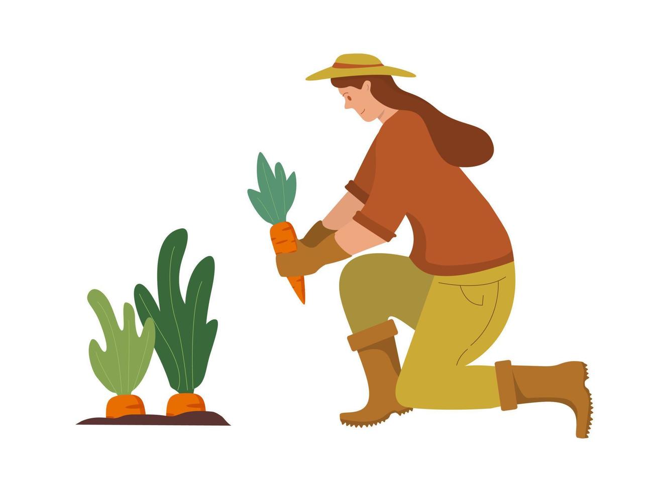 frau wässert pflanzen aus einer gießkanne. landwirtschaft gärtner hobby. im Garten arbeiten. Landwirt Bewässerungsanlage. karikatur weiblicher charakter. ernten von karottengemüse. pflücken von karotten. pflücken von gemüse. vektor