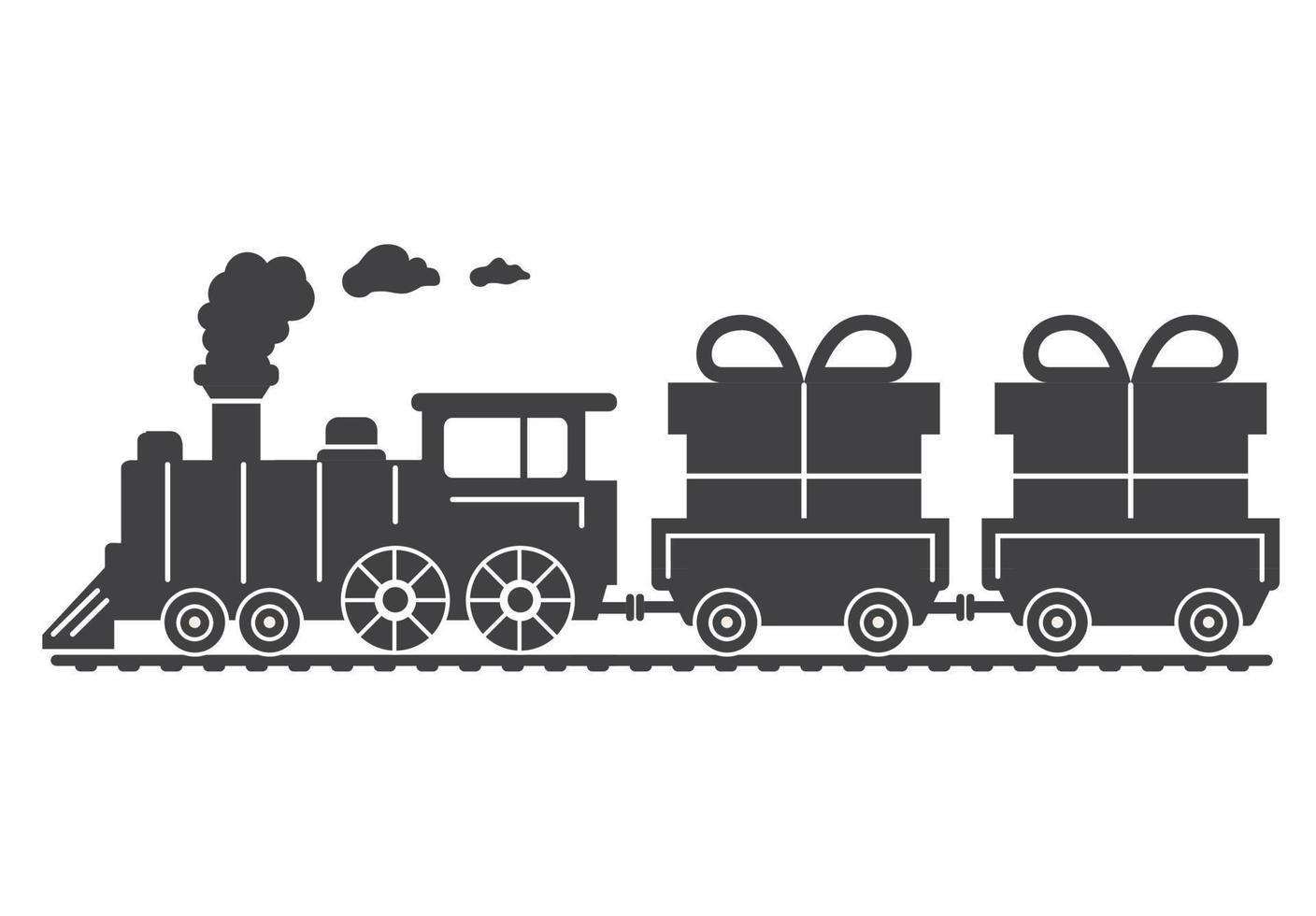schwarze Silhouette einer Weihnachtsdampflokomotive mit Geschenken. lieferung von geschenken per rail.vector flat illustration.isolated auf blauem hintergrund. vektor
