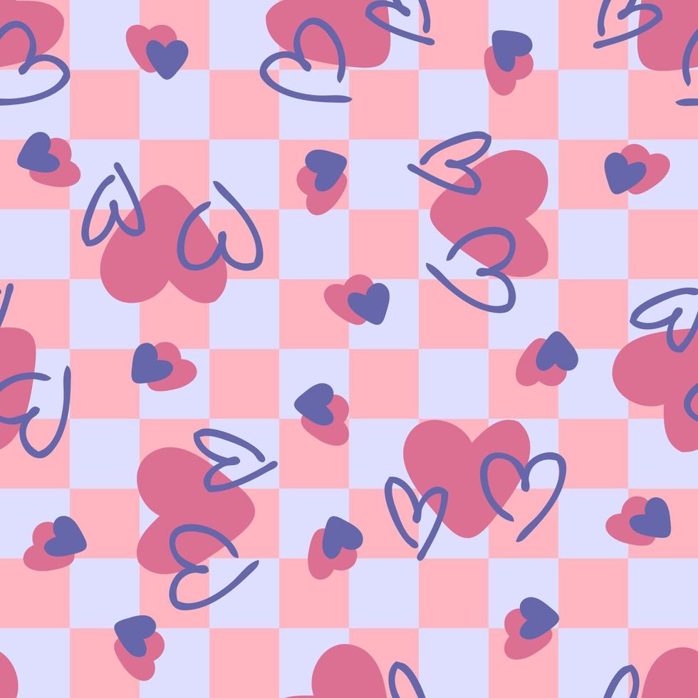 karierter nahtloser Hintergrund mit Herzen. romantisch fetziges Schachbrettmuster im Stil der 1970er Jahre. vektor