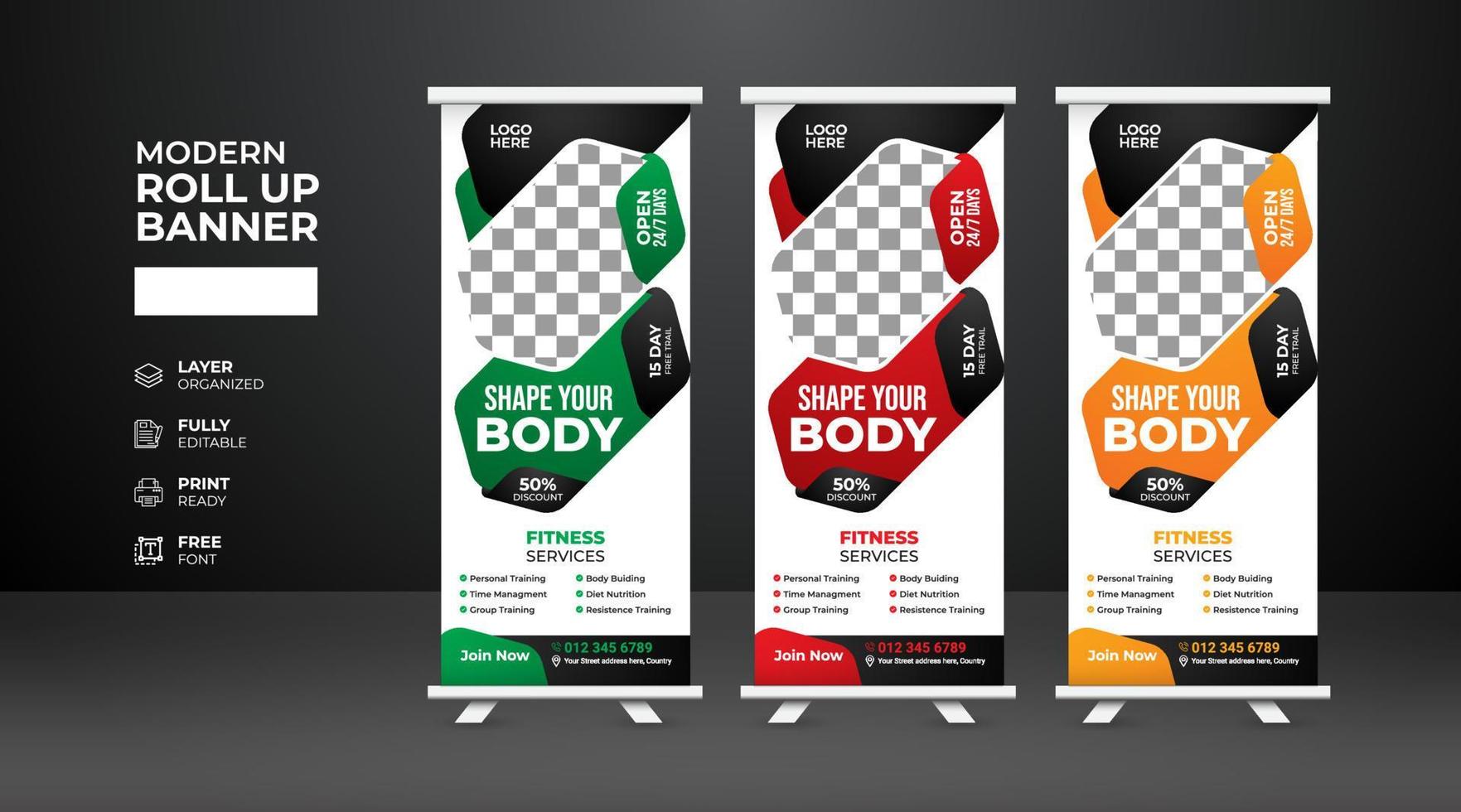 modern och kreativ gym fitness roll up banner mall vektor