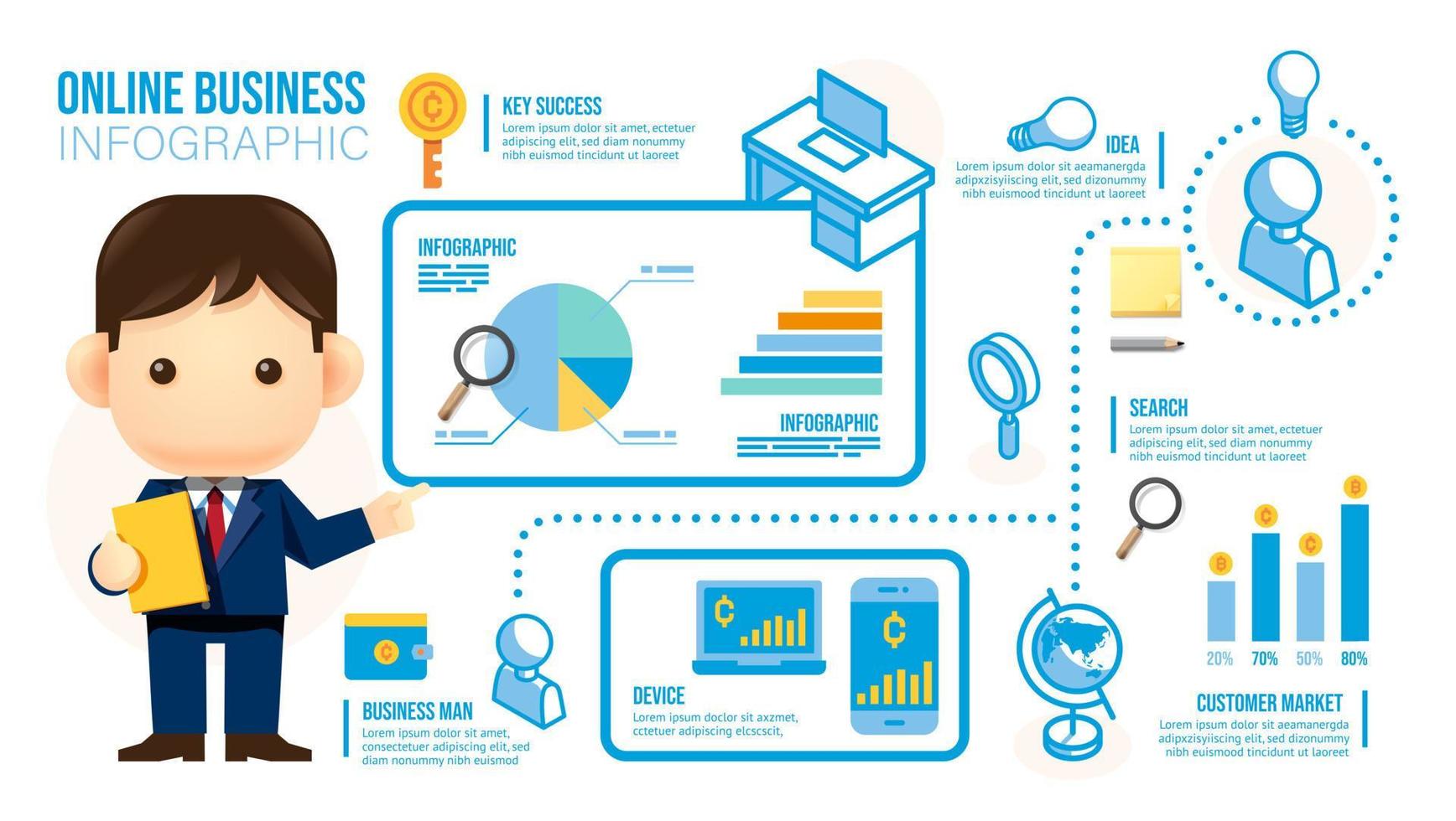 Online-Business-Infografik-Symbol. Geschäftsmann Präsentation Geschäftsdiagramm. Vektor