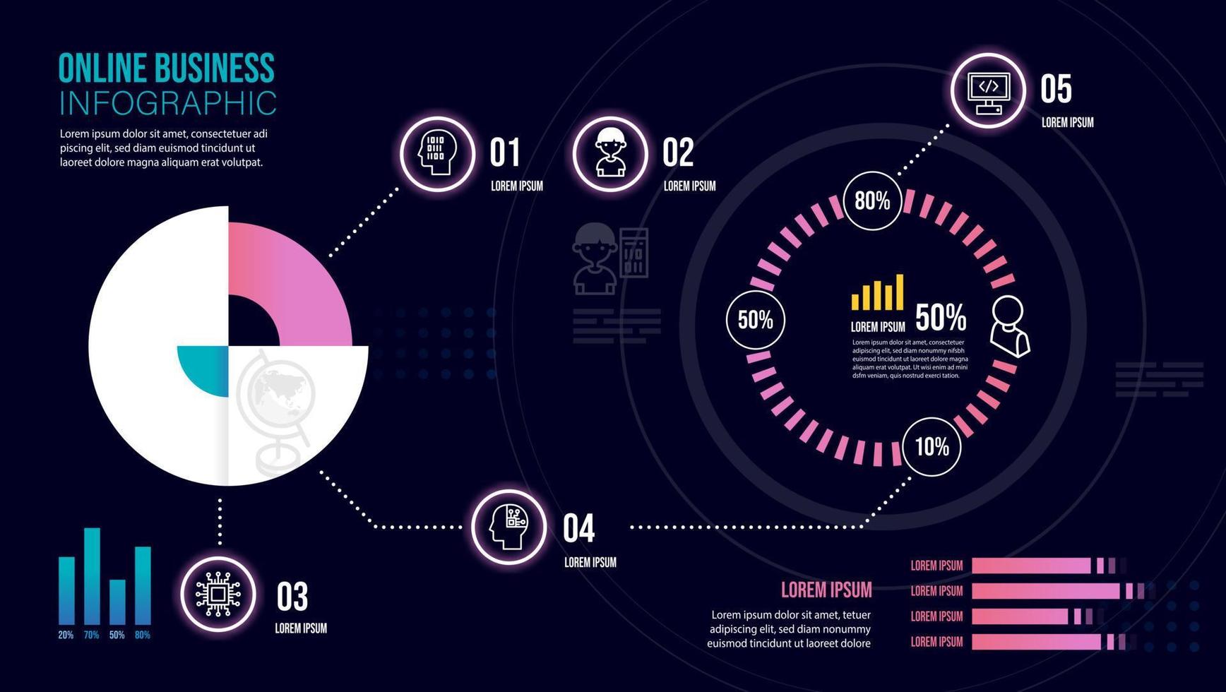 Vektor-Infografik-Etikettenvorlage mit Symbolen. Online-Business-Symbol Neon. kann für Infografiken, Flussdiagramme, Präsentationen, Websites, Banner, gedruckte Materialien verwendet werden. vektor