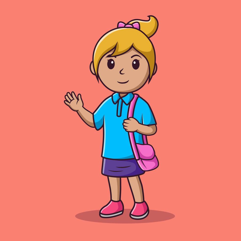 Cartoon niedliches kleines Mädchen winkt mit der Hand und hält eine Tasche, Vektor-Cartoon-Illustration, Cartoon-Clipart vektor