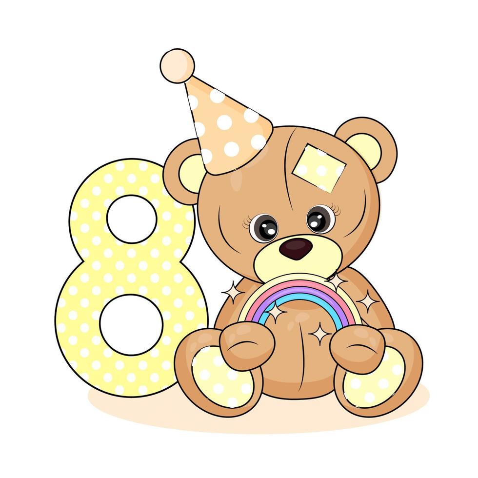 nummer acht und teddybär, babygeburtstagskarte auf weißem isoliertem hintergrund, niedliche zeichentrickfigur und nummer acht, textildruck, verpackung, partyeinladungsvektorillustration vektor