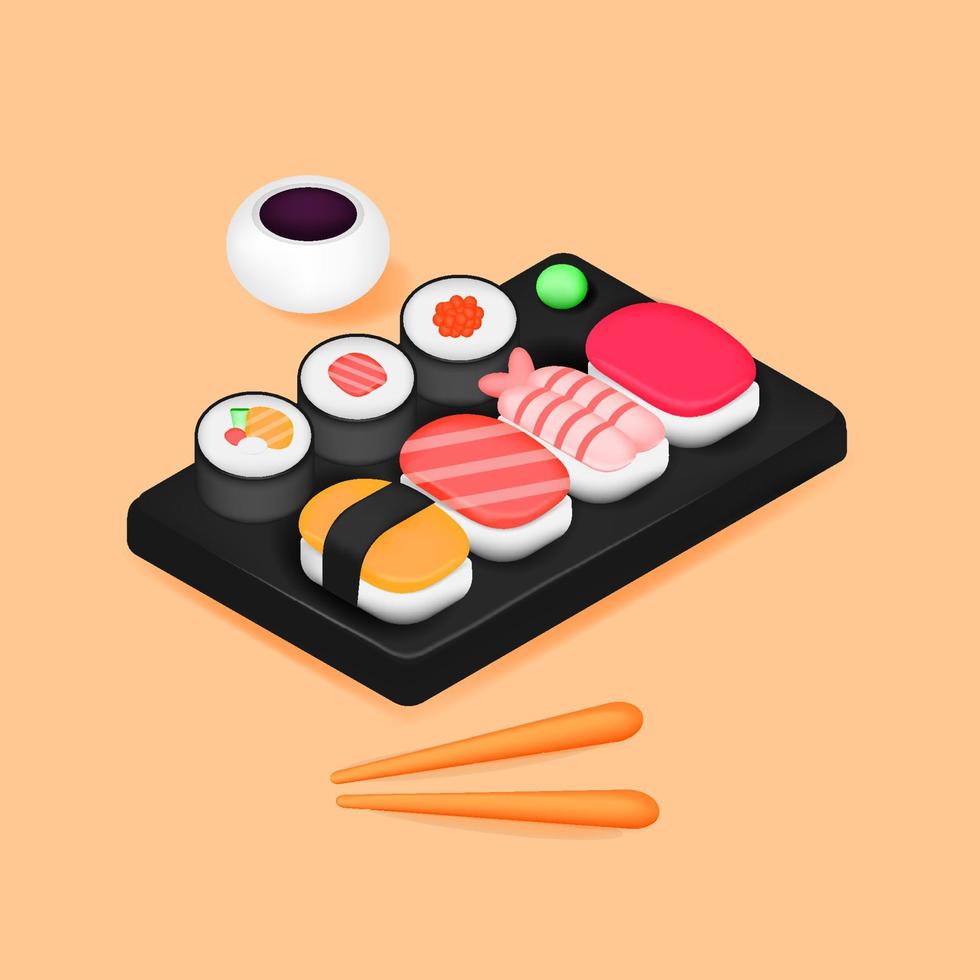 3D Cartoon Sushi asiatisches Essen realistisches Set mit Essstäbchen auf Tafel, Vektorillustration vektor