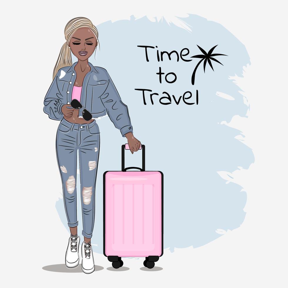 moderiktig blond kvinna med en resväska, med texten tid att resa, vektorillustration, tryck på textilier, vykort, förpackning, inredning vektor