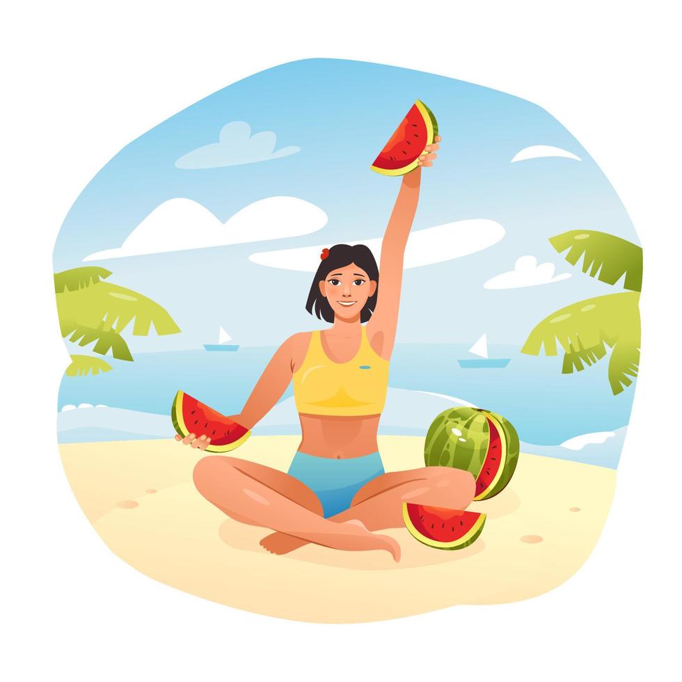 junges Mädchen am Strand, das Wassermelone isst. Picknick am Strand. Cartoon-Vektor-Illustration vektor