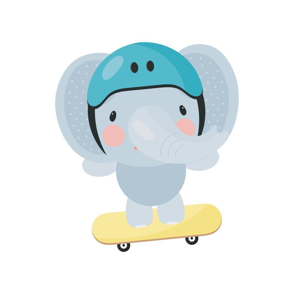 söt elefant på skateboarden. tecknad stil. vektor illustration. för kort, affischer, banderoller, barnböcker, tryck på förpackning, tryck på kläder, tyg, tapeter, textil eller fat.