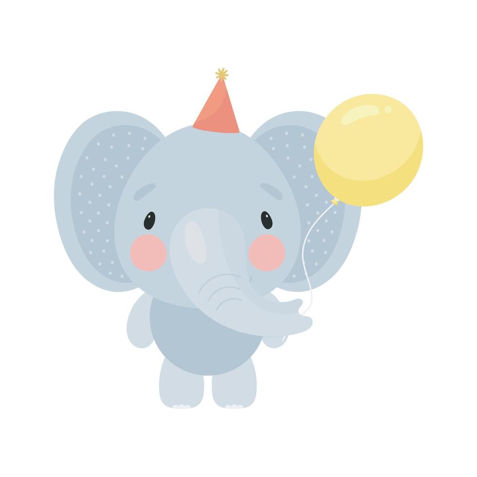 süßer elefant mit ballon. Cartoon-Stil. Vektor-Illustration. für Karten, Plakate, Banner, Kinderbücher, Bedrucken der Verpackung, Bedrucken von Kleidung, Stoffen, Tapeten, Textilien oder Geschirr. vektor