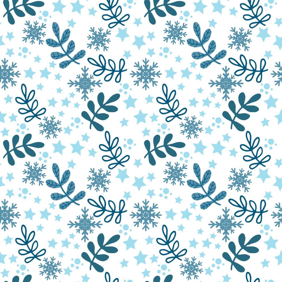jul seamless mönster på vit bakgrund. vackra kvistar, stjärnor, snöflingor och prickar. jul. platt stil vektor