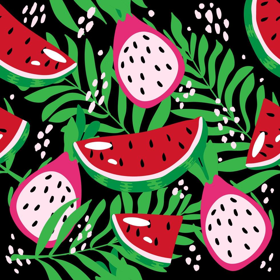 sömlösa mönster av tropiska löv och frukter, sommar vektorillustration i tecknad stil. pitaya, vattenmelon och tropiska blad. ljusa sommarmönster vektor