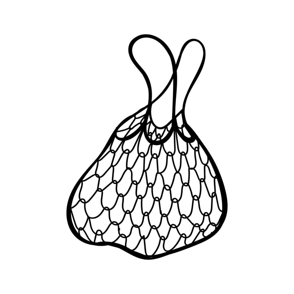 handritad doodle-stil rutnät väska. ekologi. nätpåse för frukt och grönsaker. återanvändbar väska. ingen plastpåse. vektor enkel illustration.