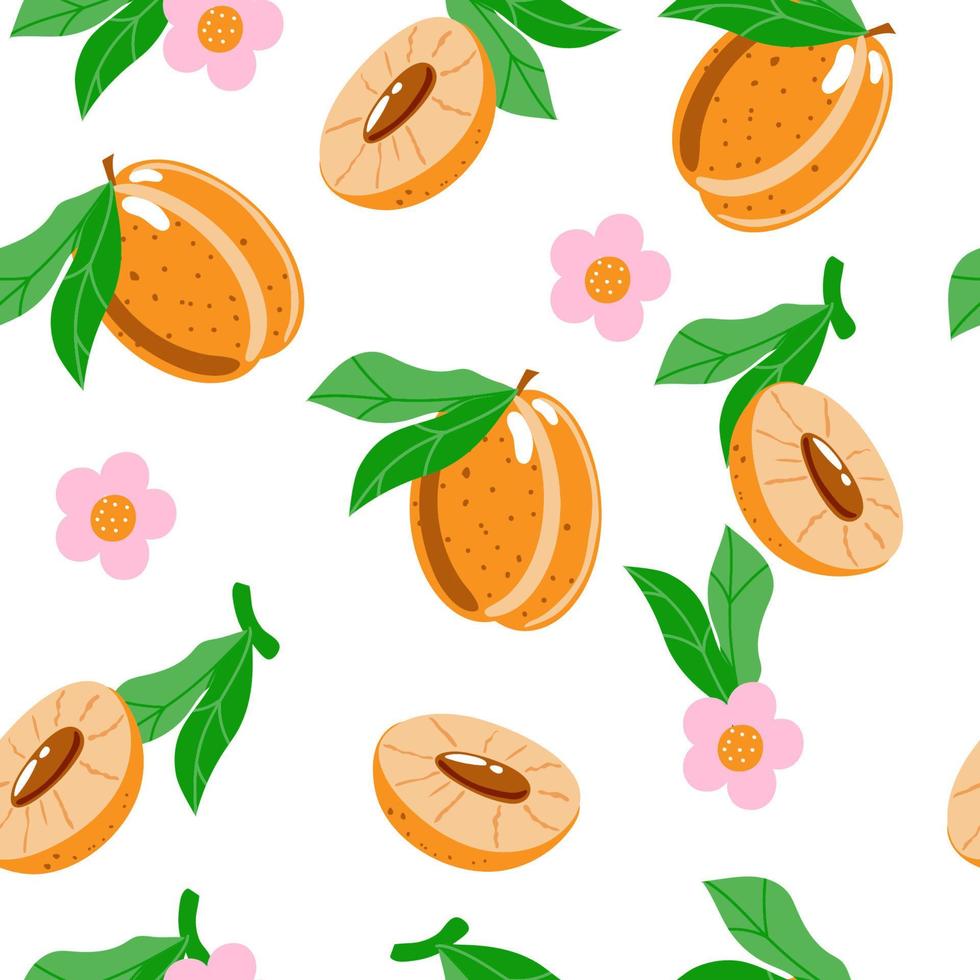nahtloses muster von pfirsichen, sommervektorillustration im karikaturstil. ganze Pfirsiche, halbe Pfirsiche, Blüten und Blätter. helles Sommermuster. vektor
