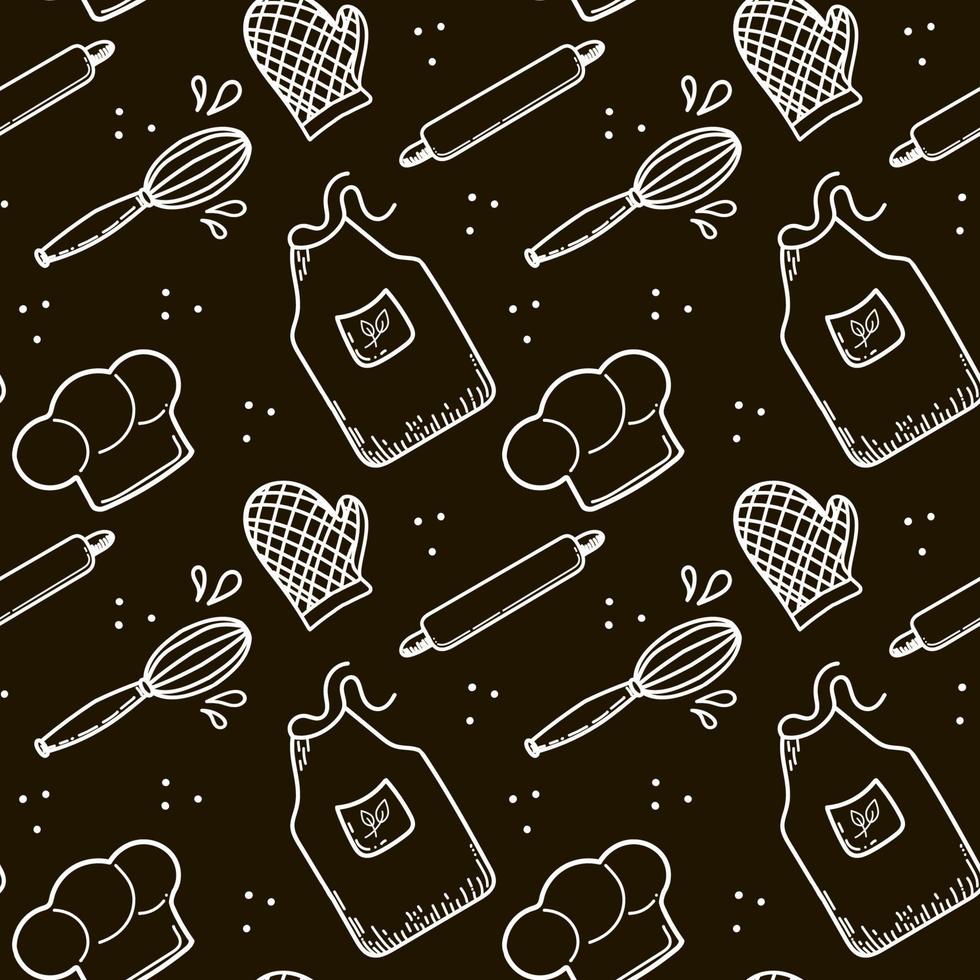 sömlösa mönster av köksredskap. handritade vektor. kockmössa, förkläde och handskar. degverktyg. doodle stil vektor ritning på svart bakgrund