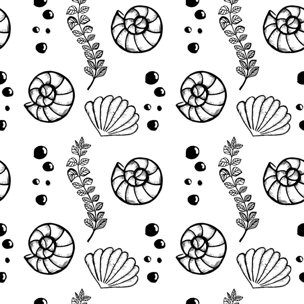 Nahtloses Muster mit Meereselementen, handgezeichnetes Gekritzel im Skizzenstil. Muscheln, Meer und Pflanzen. Wasserblasen. für Textilien geeignet vektor