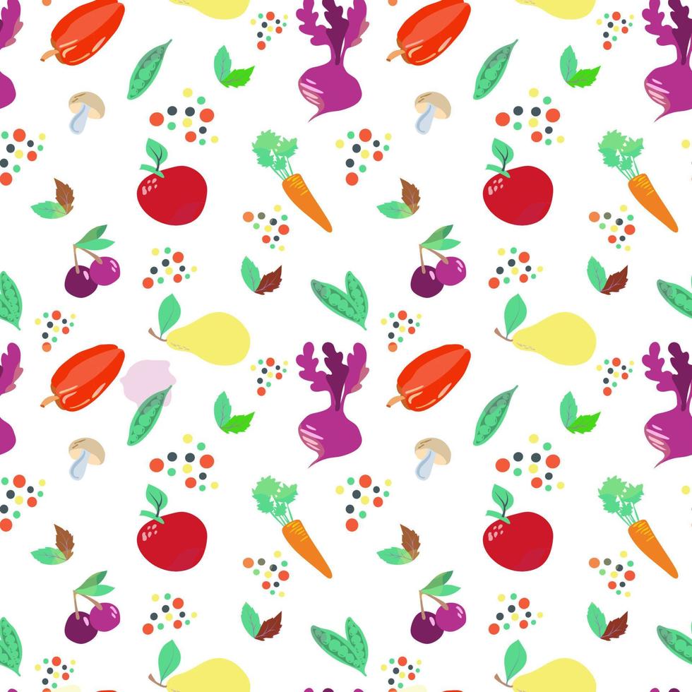 sömlös mat mönster på vit bakgrund. världsmatdagen. 16 oktober. grönsaker och frukt, svamp, örter och kryddor. lämplig för textilier och förpackningar vektor