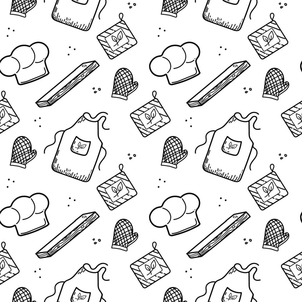 ein nahtloses Muster von handgezeichneten Doodle-Elementen des Küchenchefs. Küchenutensilien und Hauben, Ofenhandschuhe und Schneidebretter für Lebensmittel. Vektor-Illustration vektor