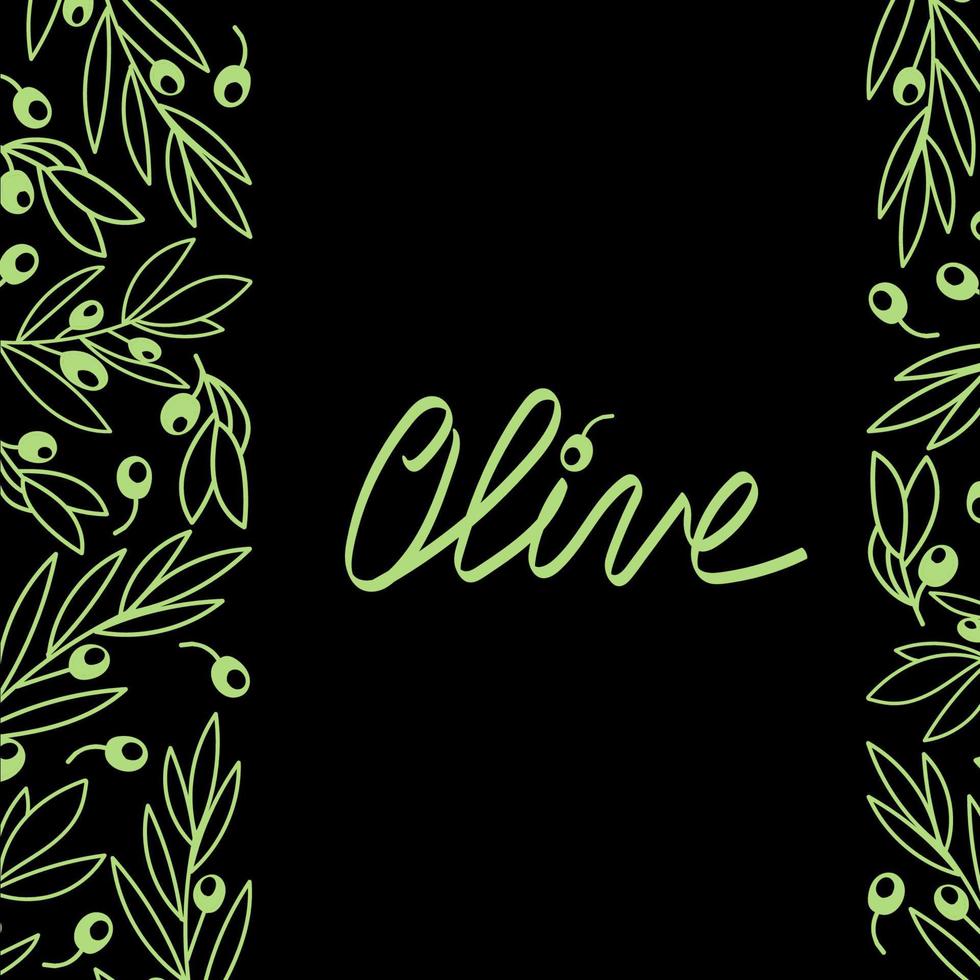 banner med oliv på svart bakgrund. en fantastisk design för att göra reklam för olivoljamarknaden, ett företag för livsmedelsbutiker. handritade element i platt stil. företagsstil för mitthavskök vektor