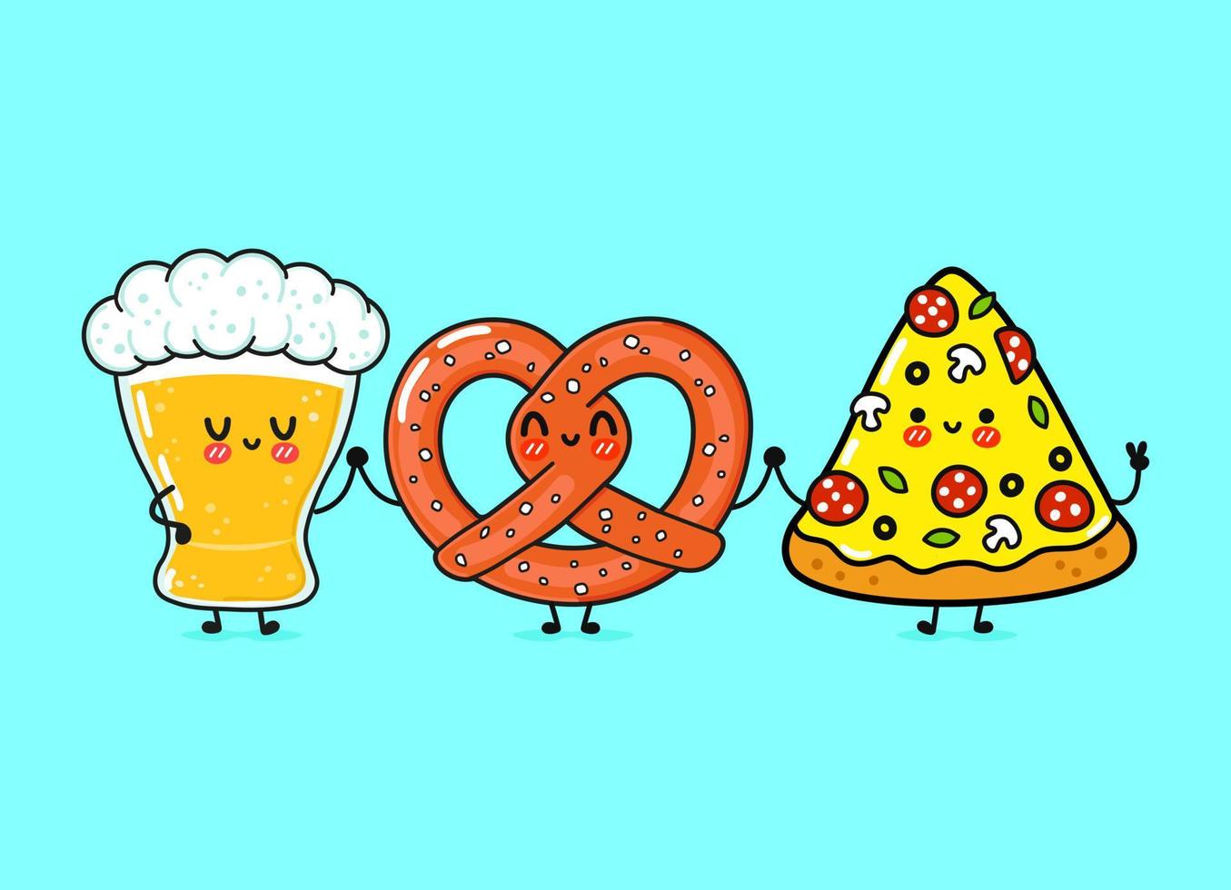 süßes, lustiges fröhliches glas bier, pizza und brezel. Vektor handgezeichnete kawaii Zeichentrickfiguren, Illustrationssymbol. Lustiges Cartoon-Glas Bier, Pizza und Brezel-Maskottchen-Freunde-Konzept