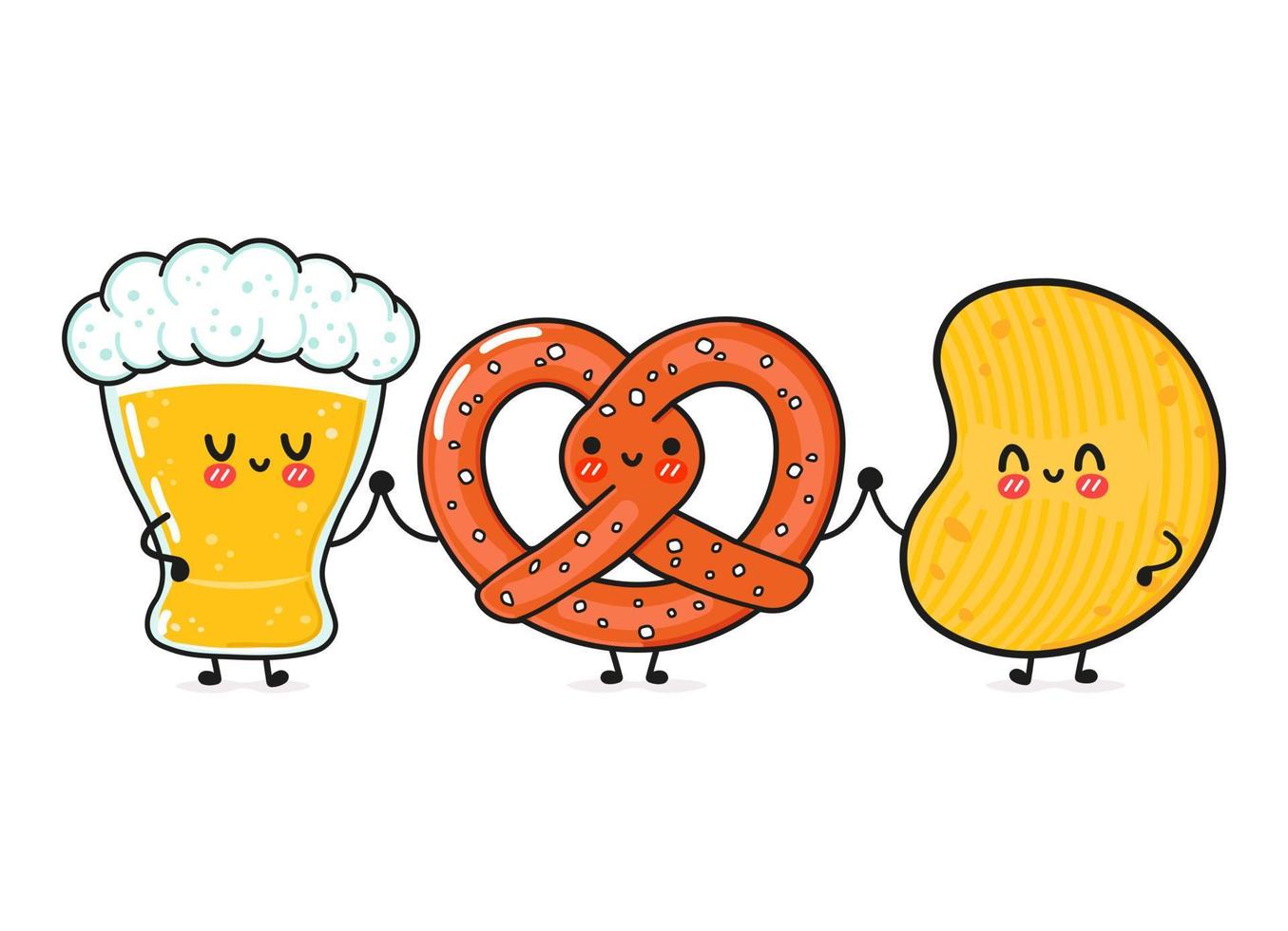 süßes, lustiges fröhliches glas bier, brezel und chips. Vektor handgezeichnete kawaii Zeichentrickfiguren, Illustrationssymbol. lustiges glückliches karikaturglas bier, brezel und chips maskottchenfreunde