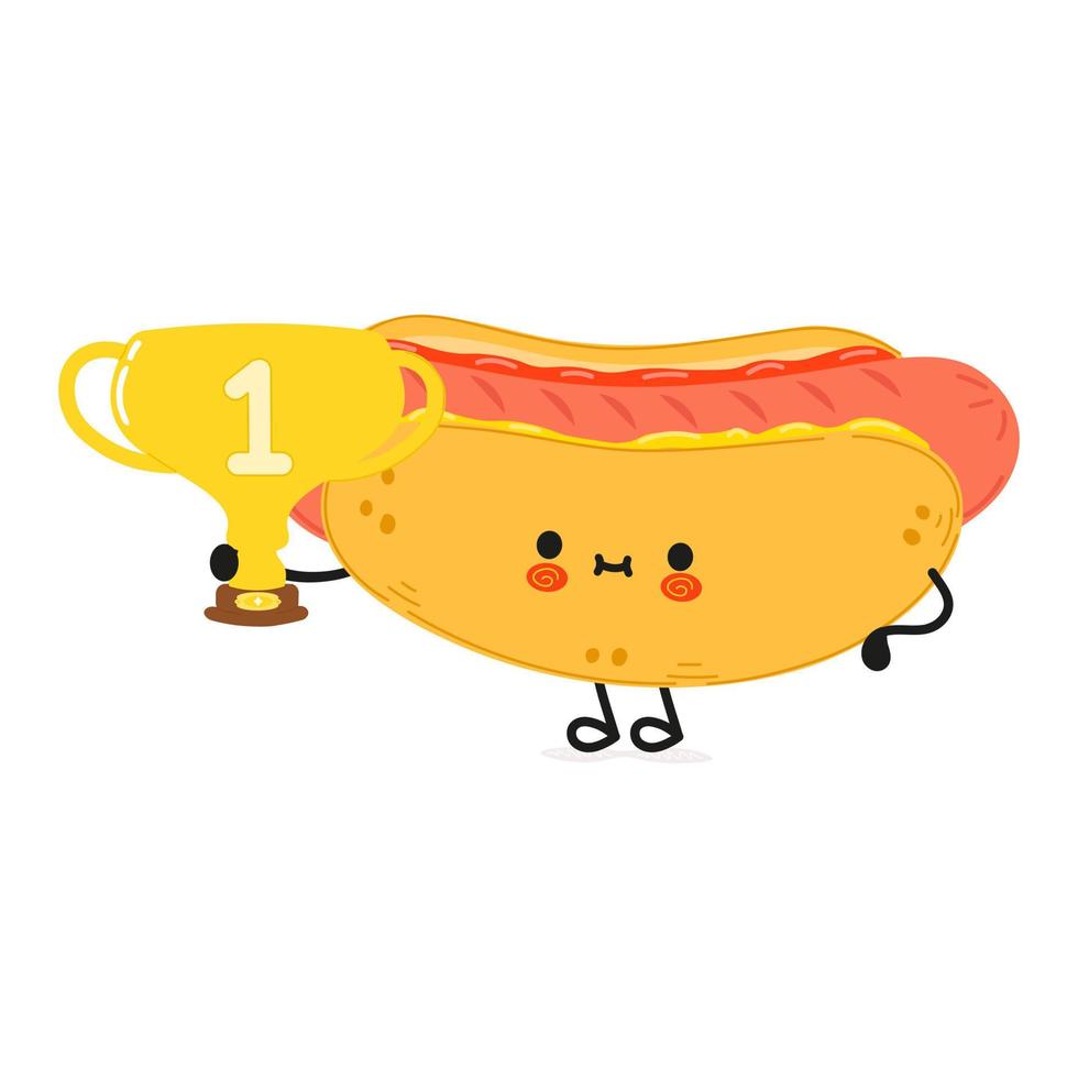 söt rolig hotdog hålla guld trofé kopp. vektor handritad tecknad kawaii karaktär illustration ikon. isolerad på vit bakgrund. varmkorv med vinnare trofé cup