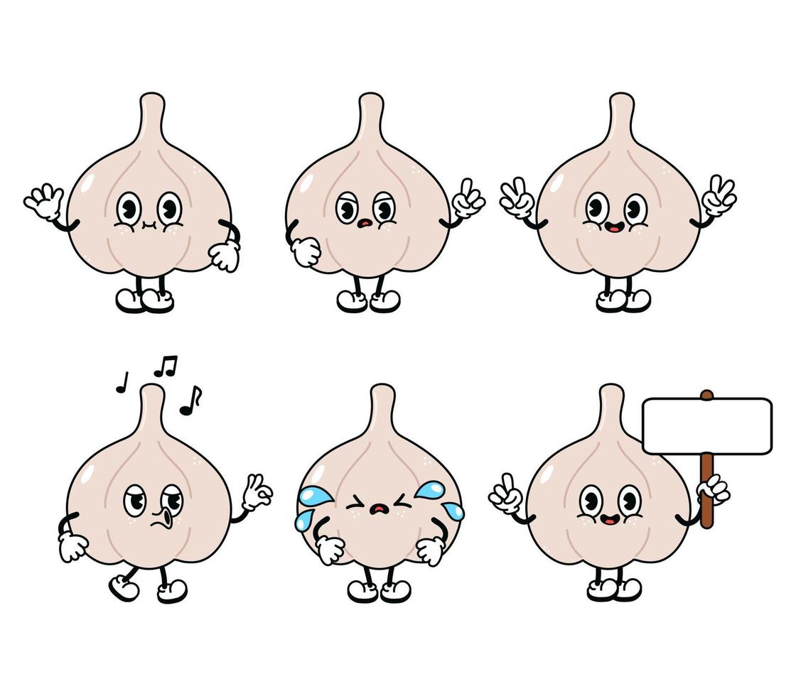 rolig söt vitlök tecken bunt set. vektor handritad doodle stil traditionell tecknad vintage, retro karaktär illustration ikon design. isolerade vit bakgrund. vitlökstecken