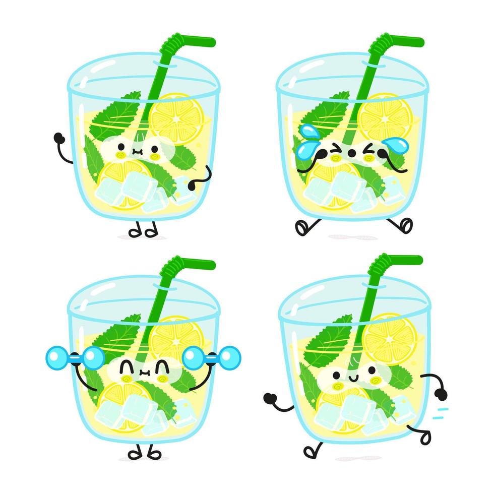 lustige niedliche fröhliche limonade zeichen bündelsatz. Vektor handgezeichnete Doodle-Stil Cartoon Charakter Illustration Icon Design. süße limonadenmaskottchen-charaktersammlung