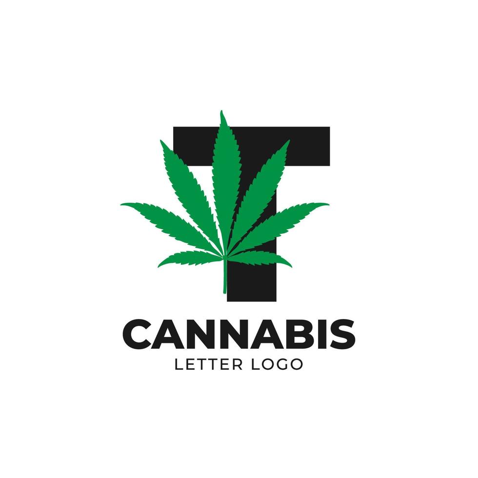 buchstabe t mit designelement des cannabisblattvektorlogos vektor