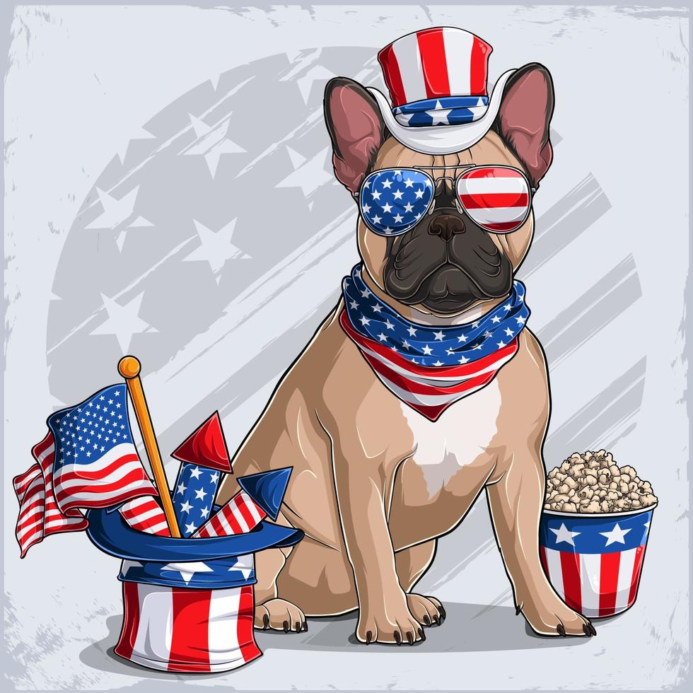 fransk bulldoghund i 4 juli förklädnad iförd uncle sam hatt, med USA flagga och fyrverkerier vektor