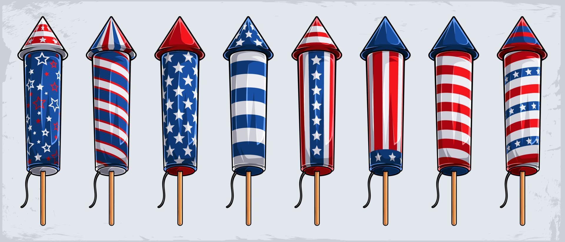 4 juli fyrverkeri cracker raket samling med USA flagga mönster för amerikanska självständighetsdagen vektor