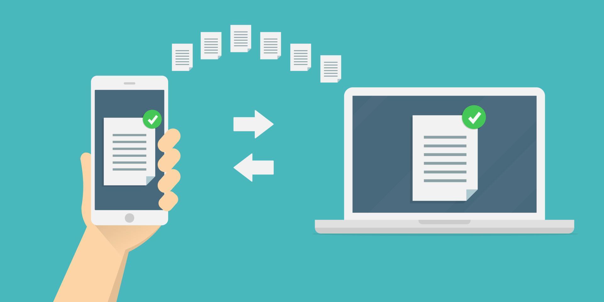 överföra eller utbyta filer mellan en smartphone och en bärbar dator, kopiera information. vektor