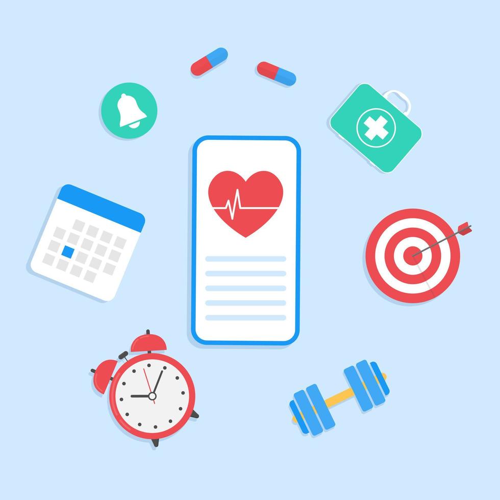 applikation för att spåra hälsa eller kondition på en mobiltelefonvektor, hjärtfrekvens, hjärtslagspårningsdata, rätt tid intag av vitaminer, viloläge, träning, meddelanden, mål, schema vektor