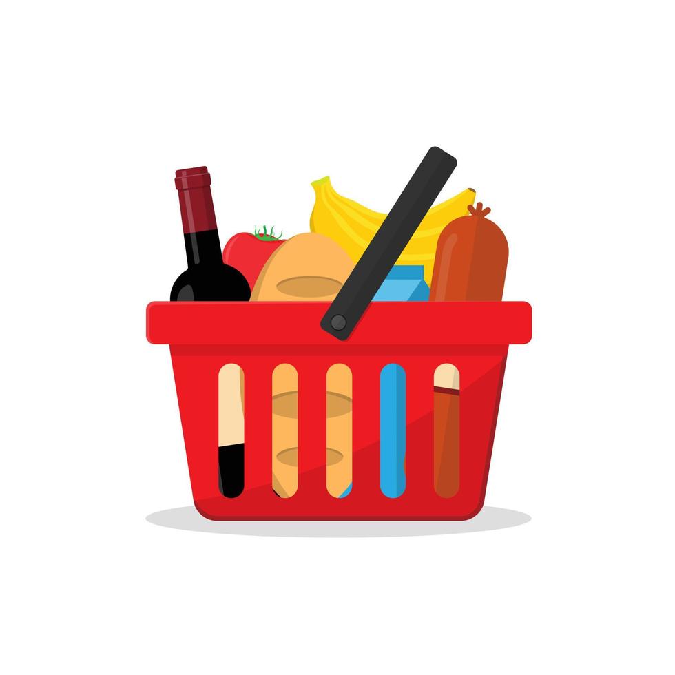 Roter Korb mit einer Reihe von Produkten aus einem Geschäft oder Supermarkt. Flasche Wein, ein Laib Brot, ein Päckchen Milch, ein Bund Bananen, Wurst und Tomate vektor