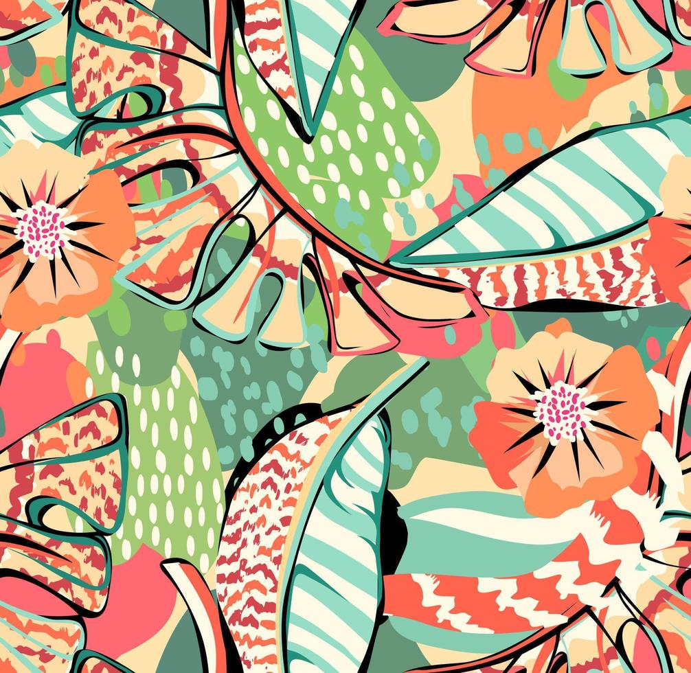 tropisches muster mit mehrfarbigen handgezeichneten elementen und lustigem hintergrund. tropisches blattmuster für textil und dekoration vektor