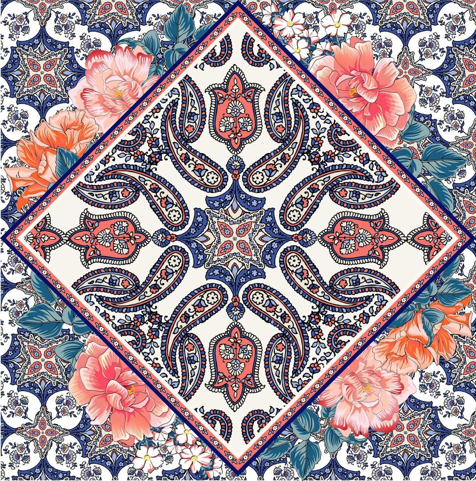 bandana mönster med paisley och blommiga element. blommig näsduk fyrkantig design, perfekt för tyg, dekoration eller papper vektor