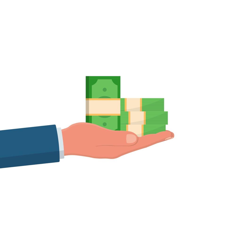 Ein Geldstapel in der Hand eines Mannes, ein Haufen Geld im flachen Cartoon-Stil, amerikanische Dollar. vektor