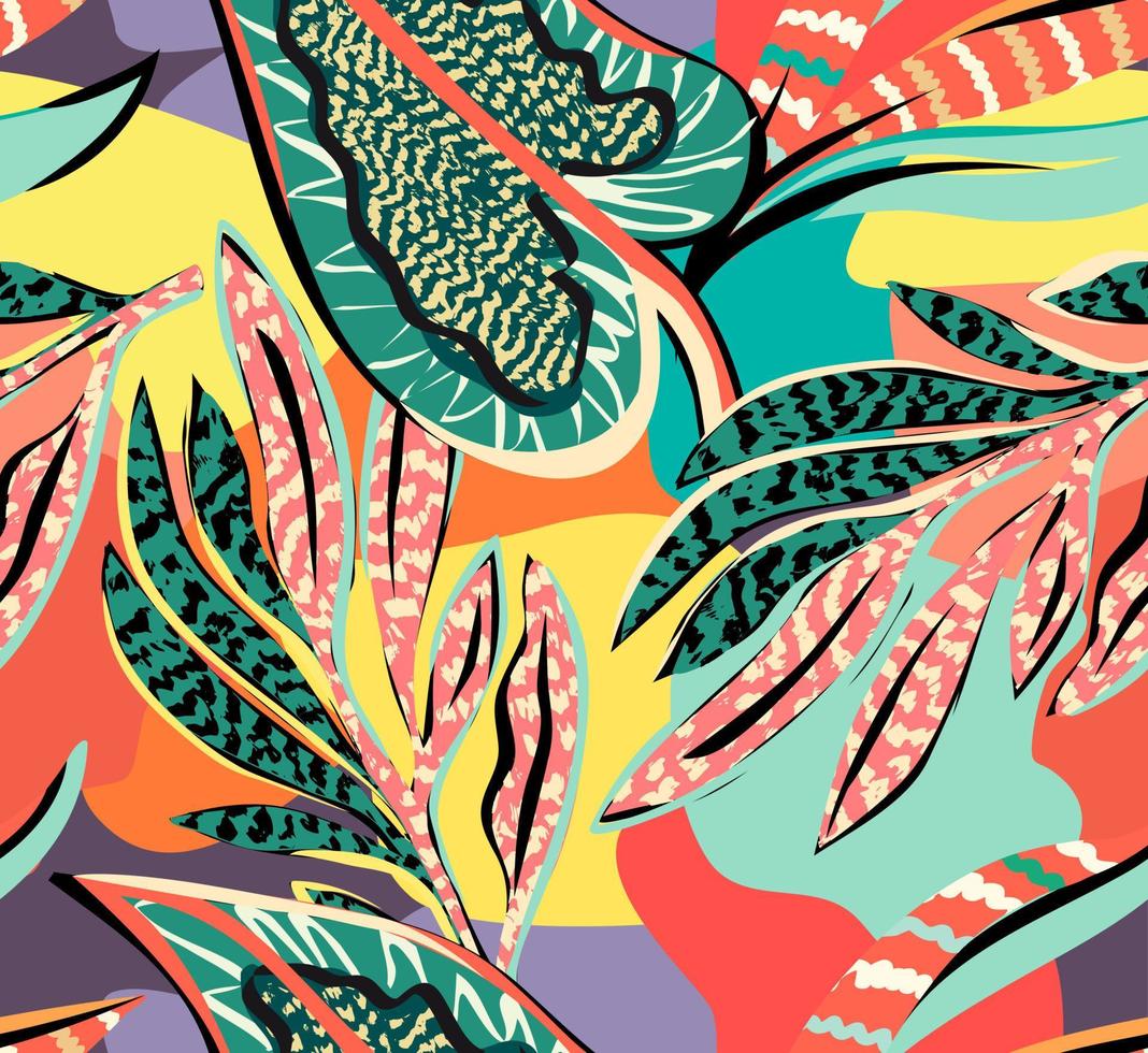 tropisches muster mit mehrfarbigen handgezeichneten elementen und lustigem hintergrund. Blätter Muster vektor