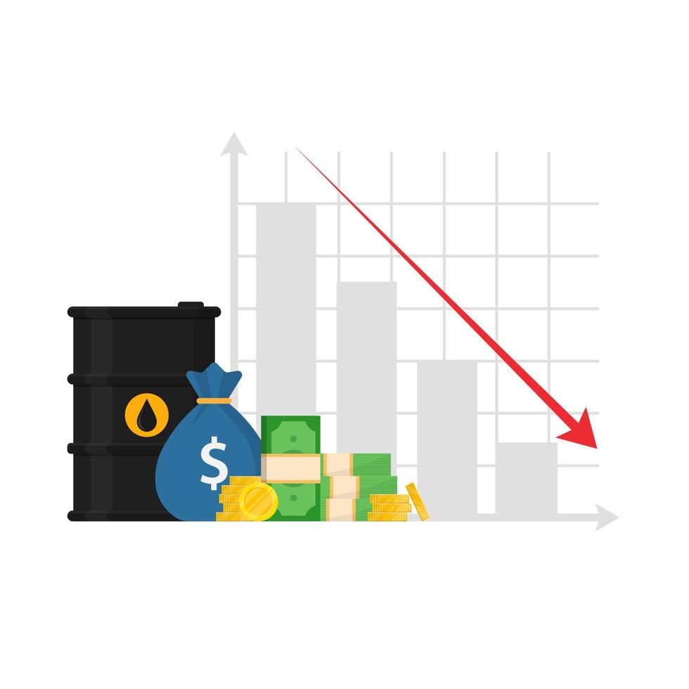 oljefat och graf. oljemarknaden faller. oljepriset. prisreduktion. fat och pengar. vektor