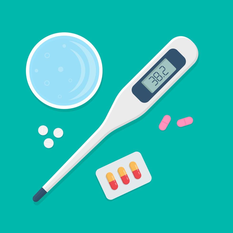 blisterpiller ett glas vatten, en termometer med hög temperatur. behandling, sjukdom. medicin och hälsa. olika mediciner. vektor