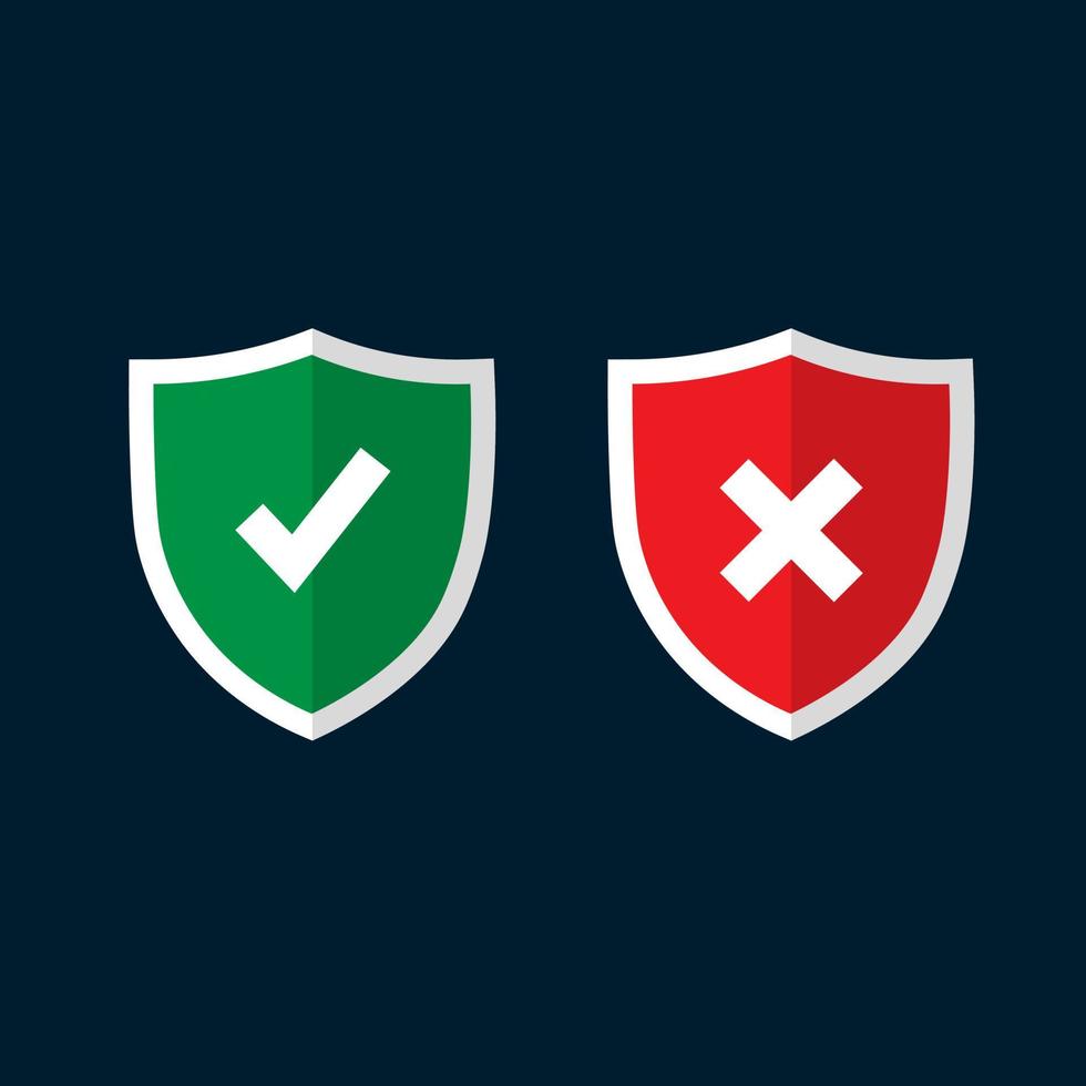 Symbole für Schilde und Häkchen gesetzt. roter und grüner Schild mit Häkchen und X-Markierung. Schutz, Sicherheit, Sicherheit, Zuverlässigkeitskonzepte. vektor