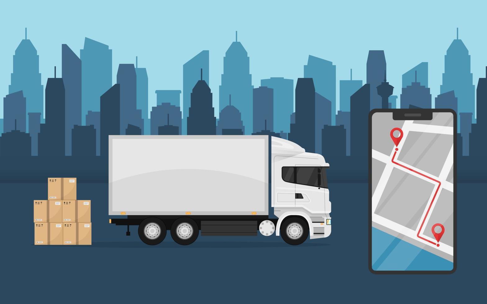 applikation för mobiltelefonleveranstjänst. vit lastbil med kartonger och en mobiltelefon med en karta på en stadsbakgrund. vektor