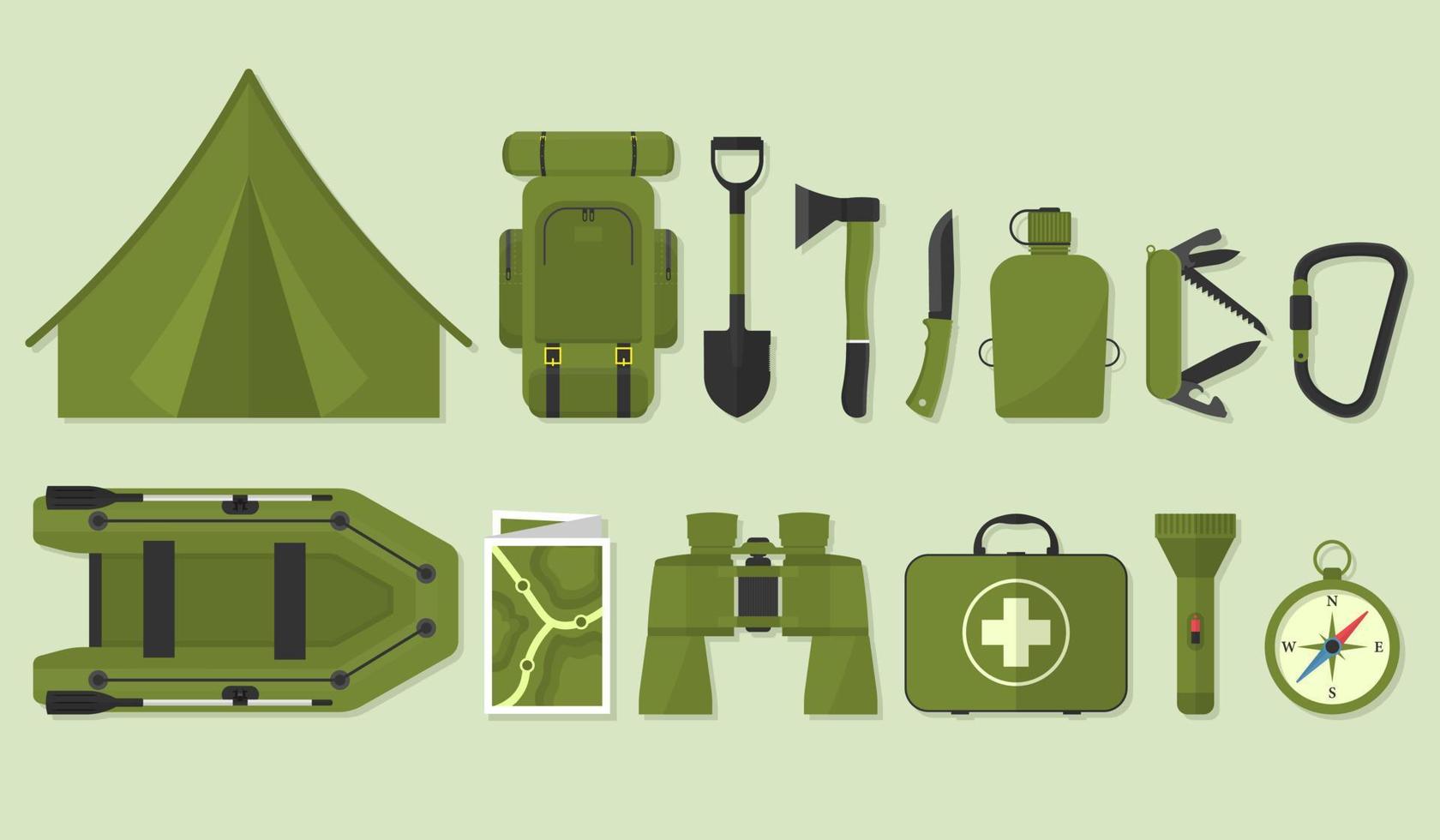 ikonuppsättning för vandring. campingutrustning vektor samling. kikare, båt, första hjälpen-kit, ryggsäck, ficklampa, tält. grundläggande lägerutrustning och tillbehör.