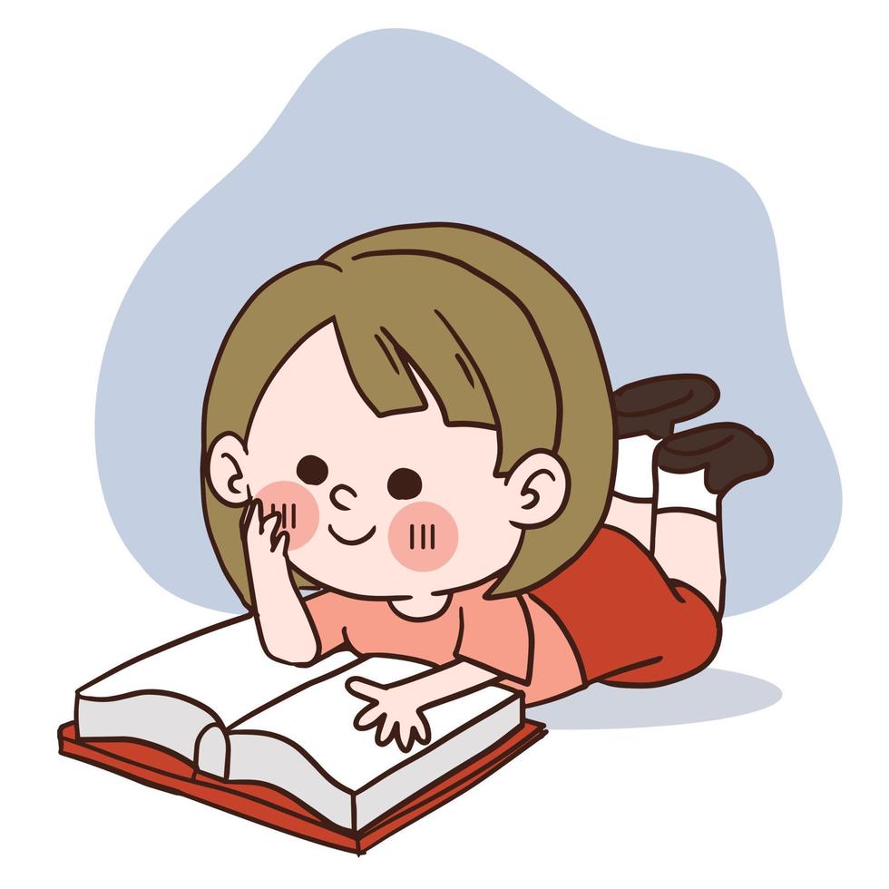 en glad liten flicka som läser en bok. vektor seriefigur