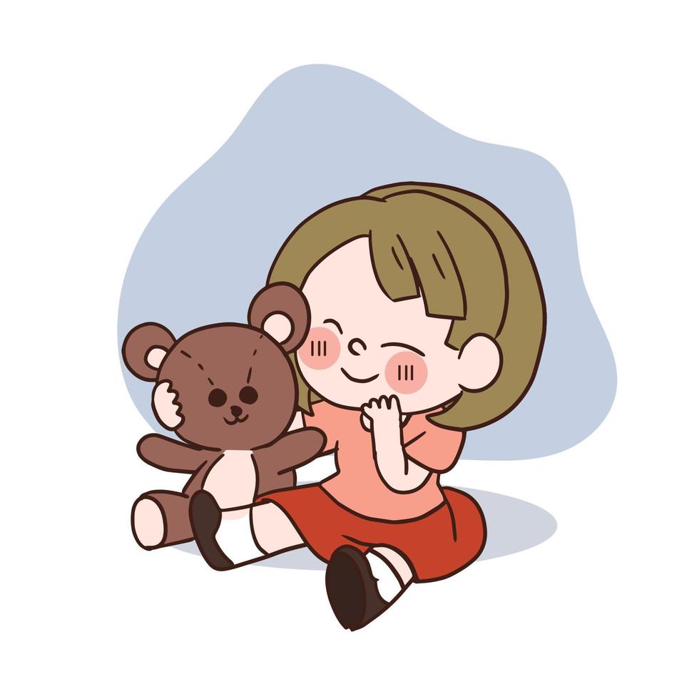 en glad söt liten flicka leker med teddy bear.vector seriefigur. vektor